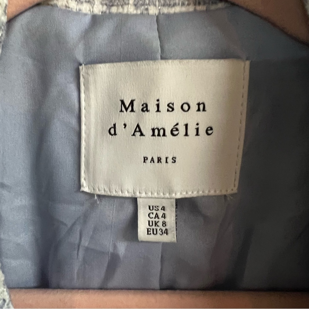 MAISON D'AMELIE PARIS Quiet Luxury Blue and White Tweed Plaid Fringed Jacket, 4 - Picture 13 of 13